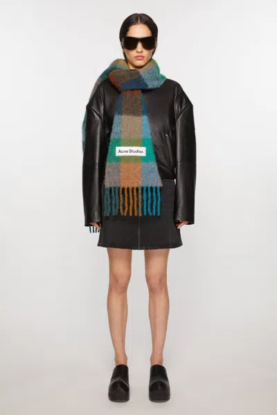 Acne Studios Mohair Checked Scarf In Turquoise,camel,blue