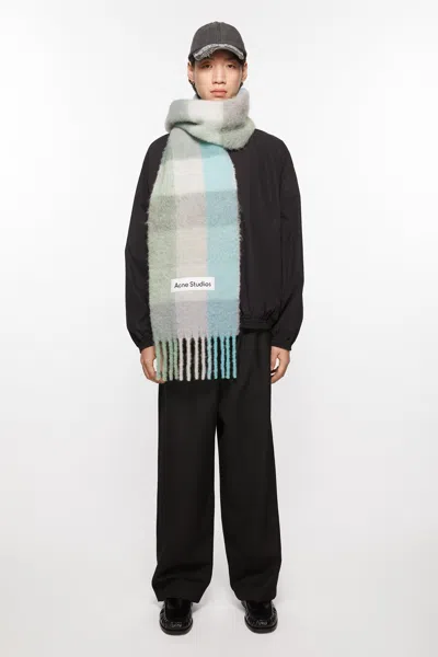 Acne Studios Mohair Checked Scarf In Turquoise,grey,mint Green
