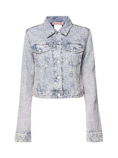 Acne Studios Womens Blue Beige Logo-print Faded-wash Denim Jacket In Blue/beige