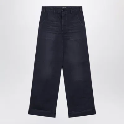 Acne Studios Navy Blue Cotton Twill Trousers In Black