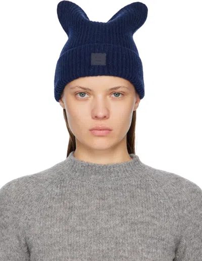 Acne Studios Navy Face Logo Square Beanie