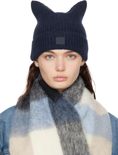 Acne Studios Navy Face Logo Square Beanie In Ahe Navy Melange