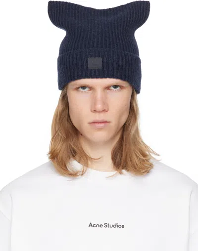 Acne Studios Navy Face Logo Square Beanie In Ahe Navy Melange