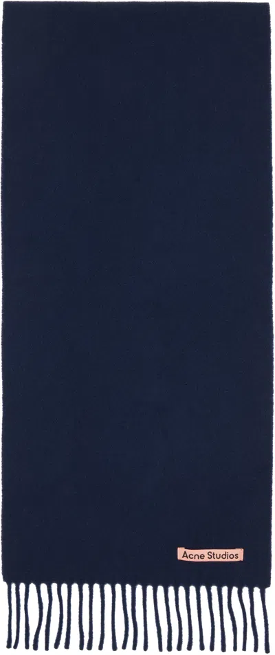 Acne Studios Navy Fringe Wool Skinny Scarf In Blue
