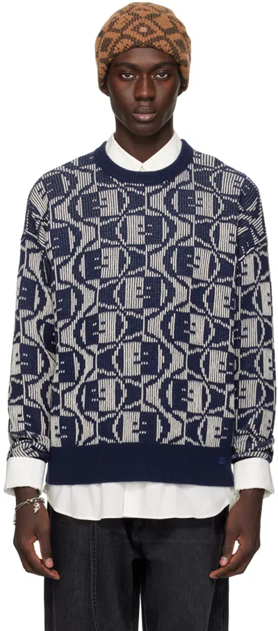 Acne Studios Navy Jacquard Sweater In Dkg Navy/oatmeal