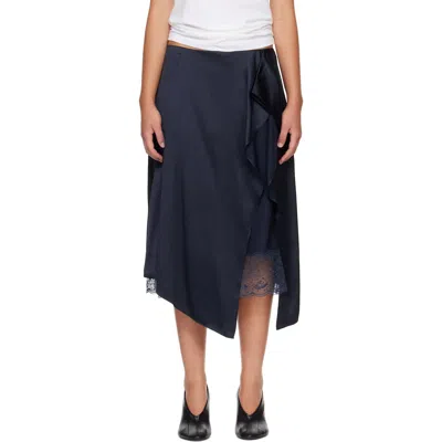 Acne Studios Navy Layered Satin Midi Skirt In 885 Navy Blue