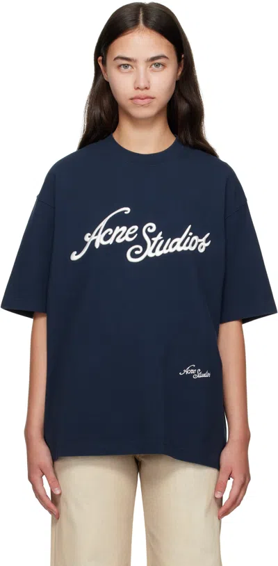 Acne Studios Navy Relaxed Fit Logo T-shirt In Blue