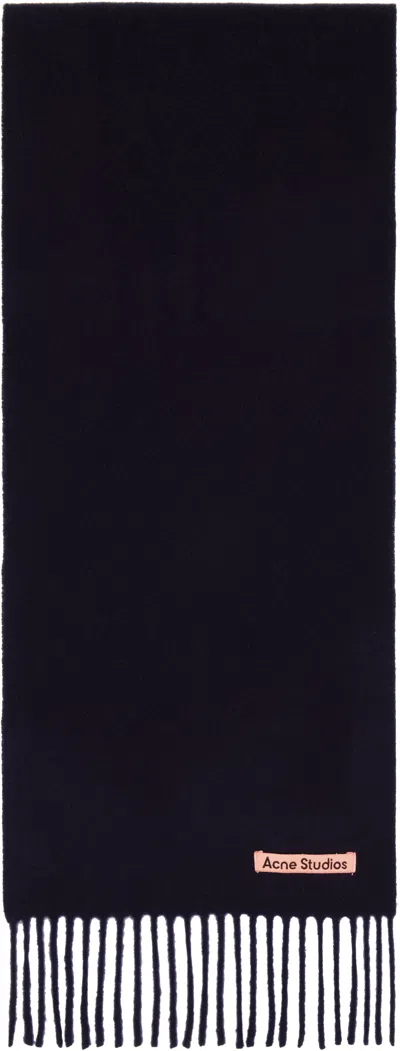 Acne Studios Navy Skinny Fringe Wool Scarf In 885 Navy Blue