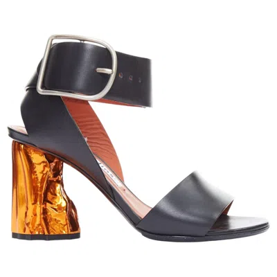 Pre-owned Acne Studios Obin Metallic Orange Bark Heel Black Leather Sandals Eu37