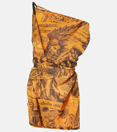 Acne Studios Off-the-shoulder Ruched Printed Stretch-mesh Mini Dress In Multi