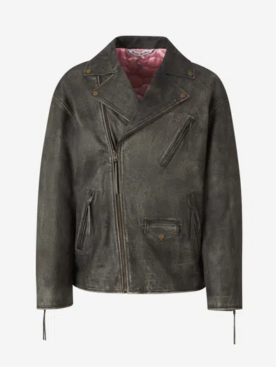 Acne Studios Logo-embossed Biker Leather Jacket In Antracite Grey