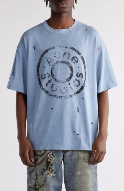 Acne Studios Distressed Graphic Print Crew Neck T-shirt In Light Blue