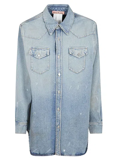 Acne Studios Distressed Cotton Blend Shirt With Chest Pockets In Blue