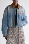 Acne Studios Leather Collar Denim Bomber Jacket In Blue