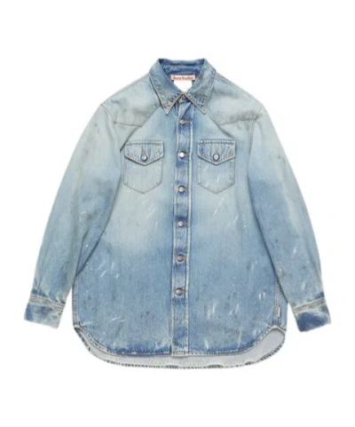 Acne Studios Paint Printed Denim Shirt In Blue