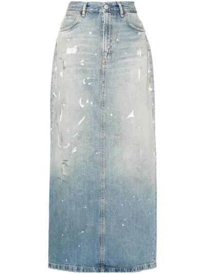 Acne Studios Blue Paint Splatter Denim Maxi Skirt
