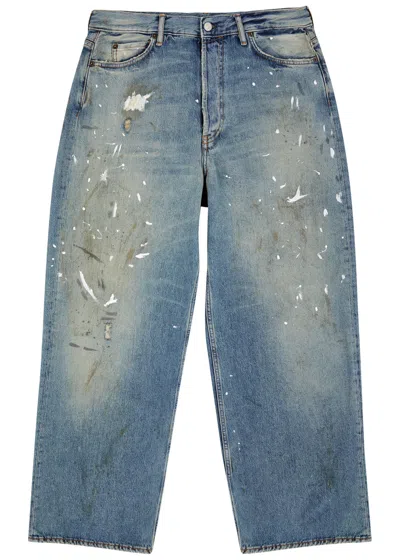 Acne Studios Paint-splattered Distressed Wide-leg Jeans In Light Blue