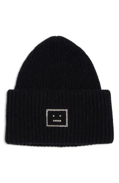 Acne Studios Pansy Crystal Face Wool Rib Beanie In Black