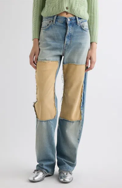 Acne Studios Pazer Suede Panel Straight Leg Jeans In Light Blue