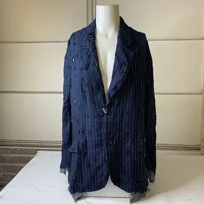 Pre-owned Acne Studios Pinstripe Distressed Oversized Suit Jacket Men's Size M/l Navy Blue