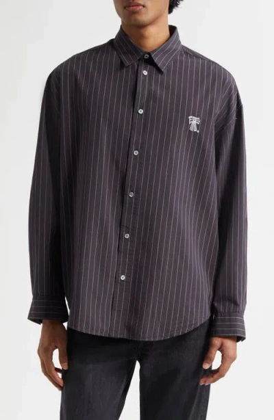 Acne Studios Pinstripe Logo Embroidery Button-up Shirt In Black