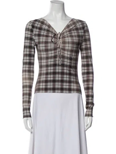 Pre-owned Acne Studios Plaid Print Tie Neck Top In Brown