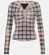 Acne Studios Ebrooke Faded Check Ruched V-neck Mesh Top In Gray