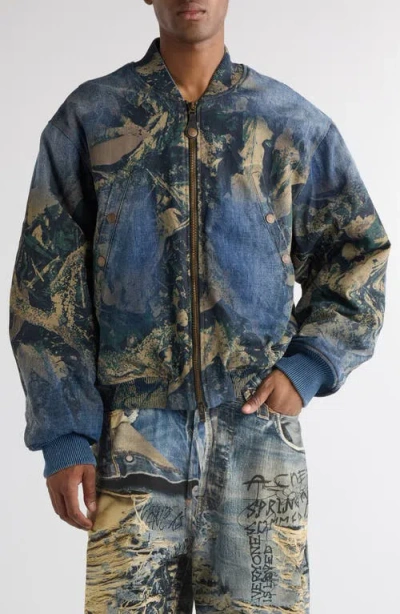 Acne Studios Mens Brown Abstract-print Relaxed-fit Denim Bomber Jacket