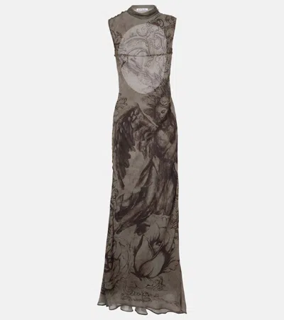 Acne Studios Printed Mesh Maxi Dress In Mud Grey