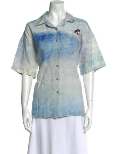 Pre-owned Acne Studios Printed Short Sleeve Button-up Top In Blue