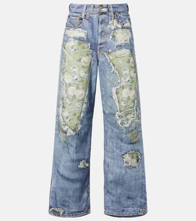 Acne Studios 1981 Denim Rose Printed Cotton Mid-rise Wide-leg Jeans In Blue