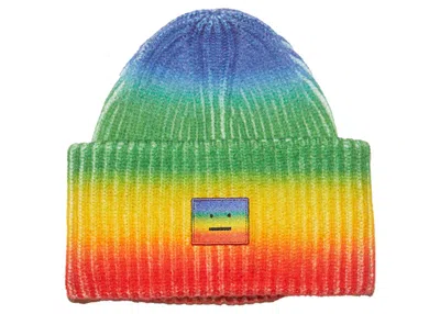 Pre-owned Acne Studios Rainbow Knit Beanie Hat In Coral Red/green