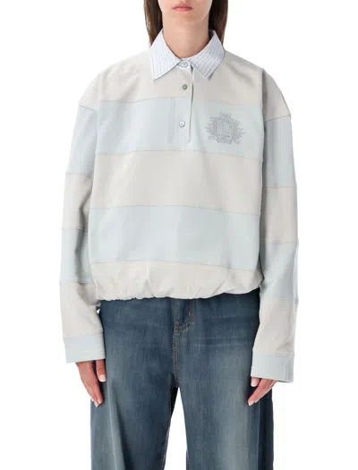 Acne Studios Relaxed Striped Polo Sweatshirt With Crest Logo Patch In Gray