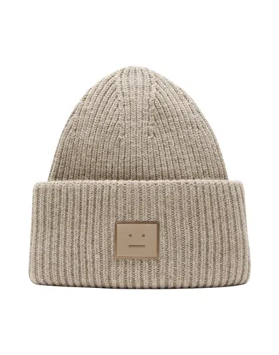 Acne Studios Ribbed Knit Beanie With Minimalist Face Design In Brown