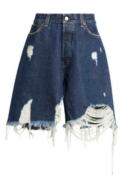 Acne Studios Frayed Distressed Denim Shorts In Auz Mid Blue | ModeSens