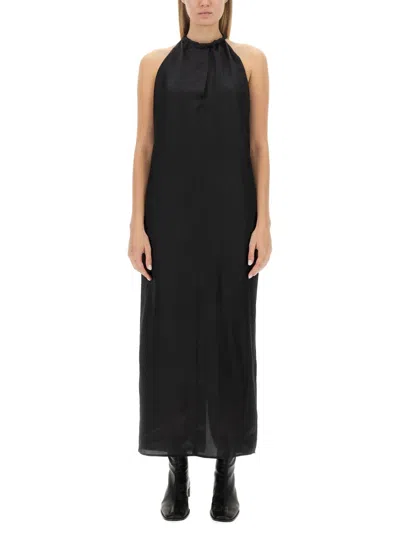 Acne Studios Satin Buckle Closure Dress With Wide Back In Black