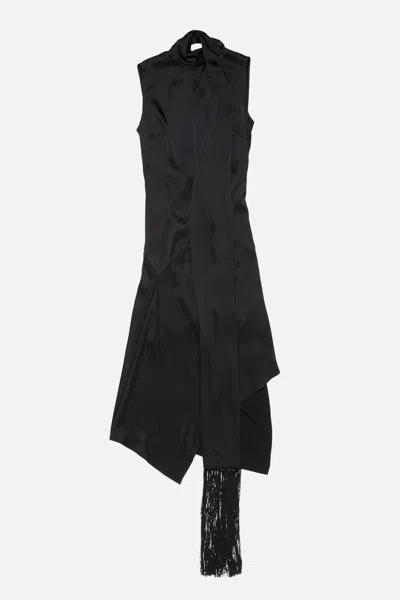 Acne Studios Dale Attached Scarf Asymmetric Satin Dress In Black