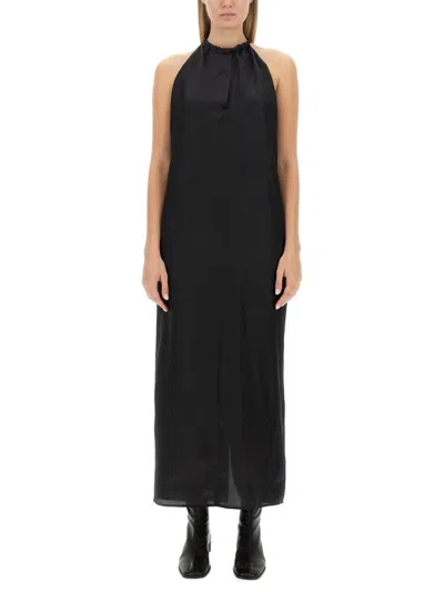 Acne Studios Satin Buckle Closure Dress With Wide Back In Black