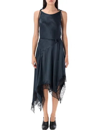 Acne Studios Satin Lace Midi Dress With Crinkle Finish In Blue
