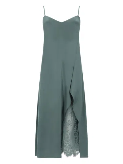 Acne Studios Satin Midi Dress With Ruffled Overlay And Lace Detail In Gray