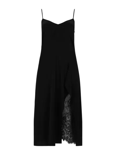 Acne Studios Satin Midi Dress With Asymmetrical Overlay And Lace Detailing In Black