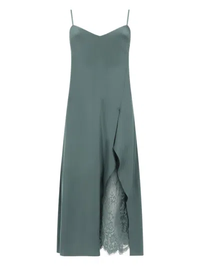 Acne Studios Satin Midi Dress With Ruffled Overlay And Lace Detail In Green