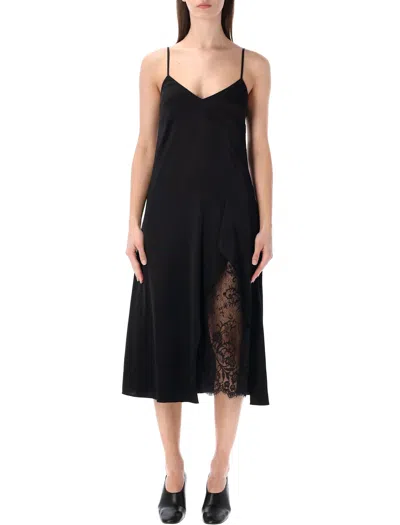 Acne Studios Satin Mini Slip Dress With Ruffled Slit And Lace Detail In Black