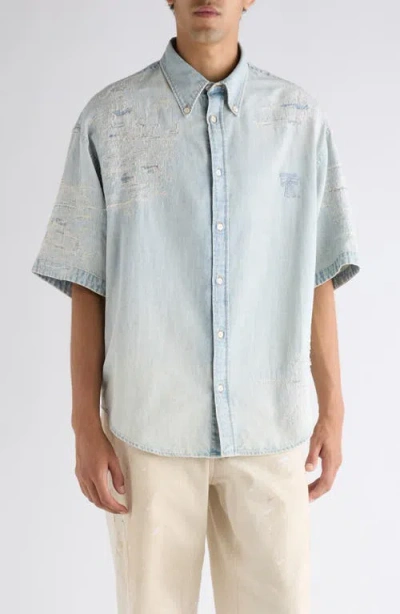Acne Studios Setar Mending Distressed Short Sleeve Denim Button-down Shirt In Blue
