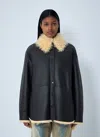 Acne Studios Shearling Collar Leather Jacket Side Pockets In Blue