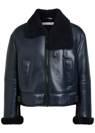 Acne Studios Shearling Leather Jacket In Blue