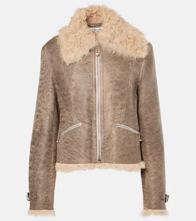 Acne Studios Shearling-trimmed Leather Jacket In Aj2 Grey/beige