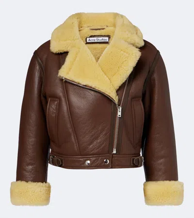 Acne Studios Shearling-trimmed Leather Biker Jacket In Brown