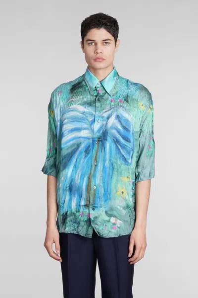 Acne Studios Sandroki Printed Crinkled-satin Shirt In Sage Green,light Blue