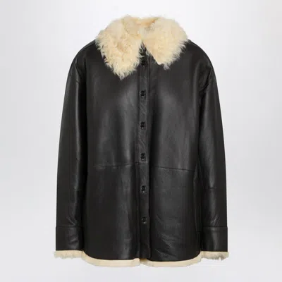 Acne Studios Shearling Shirt Jacket Coffe Brown In Black